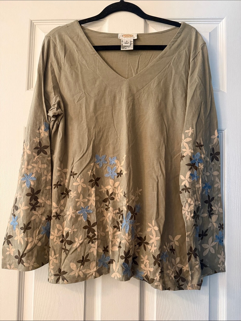 Talbots Sage Green V-Neck Long Sleeve Top with Floral Embroidery